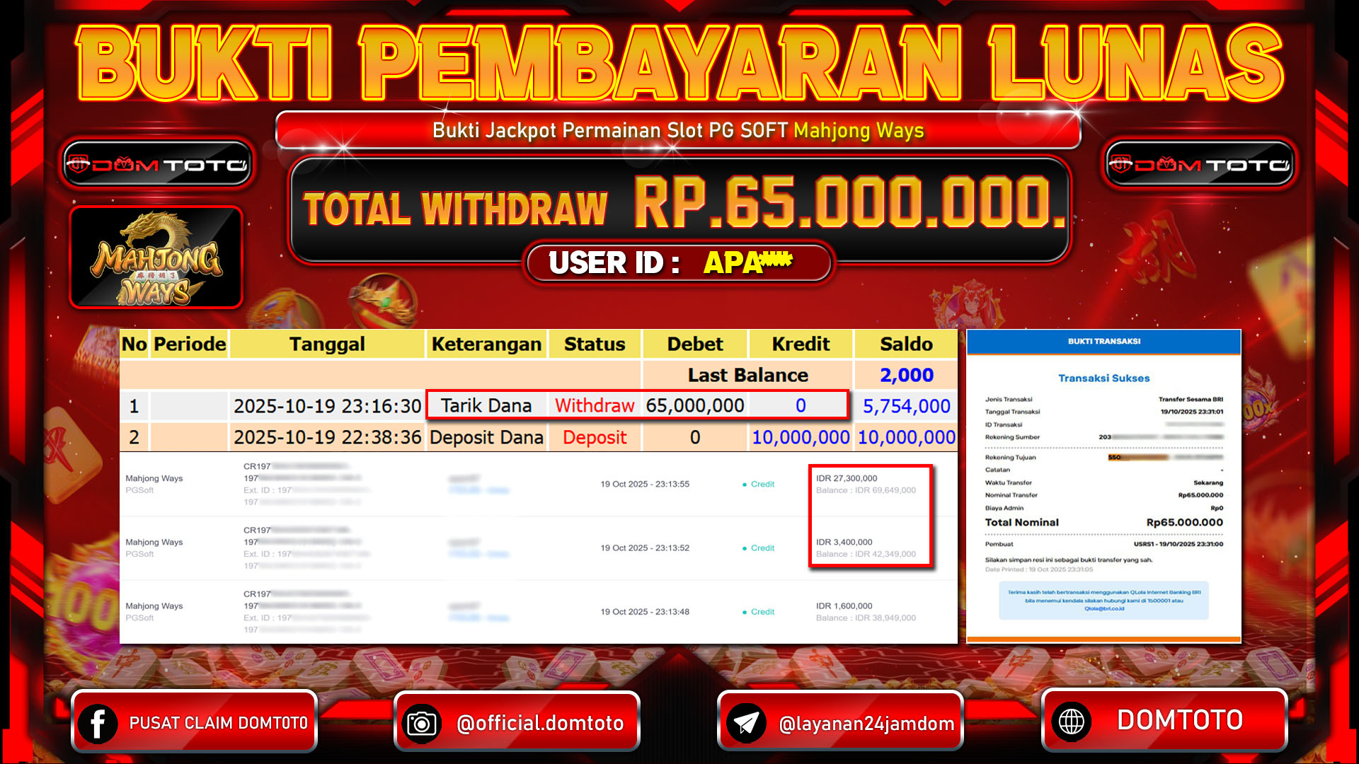 JACKPOT Slot Mahjong Ways PGSoft 19 OKTOBER 2025